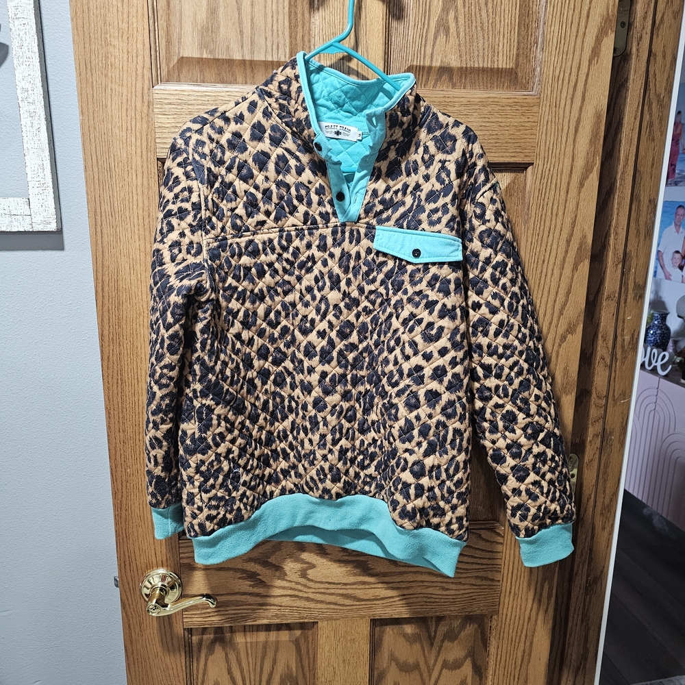 Leopard Print Pullover with Teal Accents - Picture 1 of 3